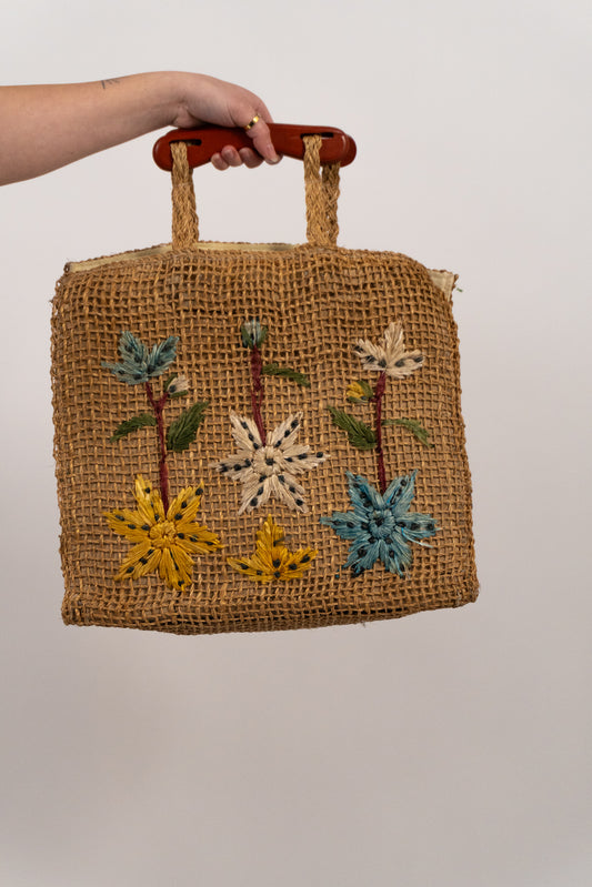 Basket Bag With Flowers And Wooden Handles