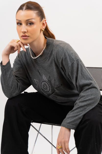 Grey Vintage Sweater With Embroidery