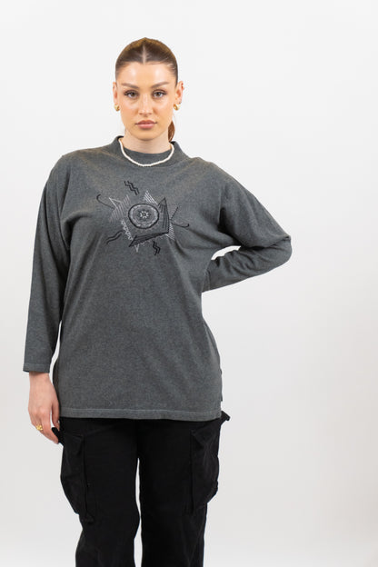 Grey Vintage Sweater With Embroidery