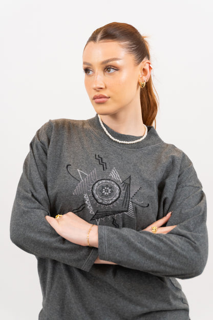 Grey Vintage Sweater With Embroidery