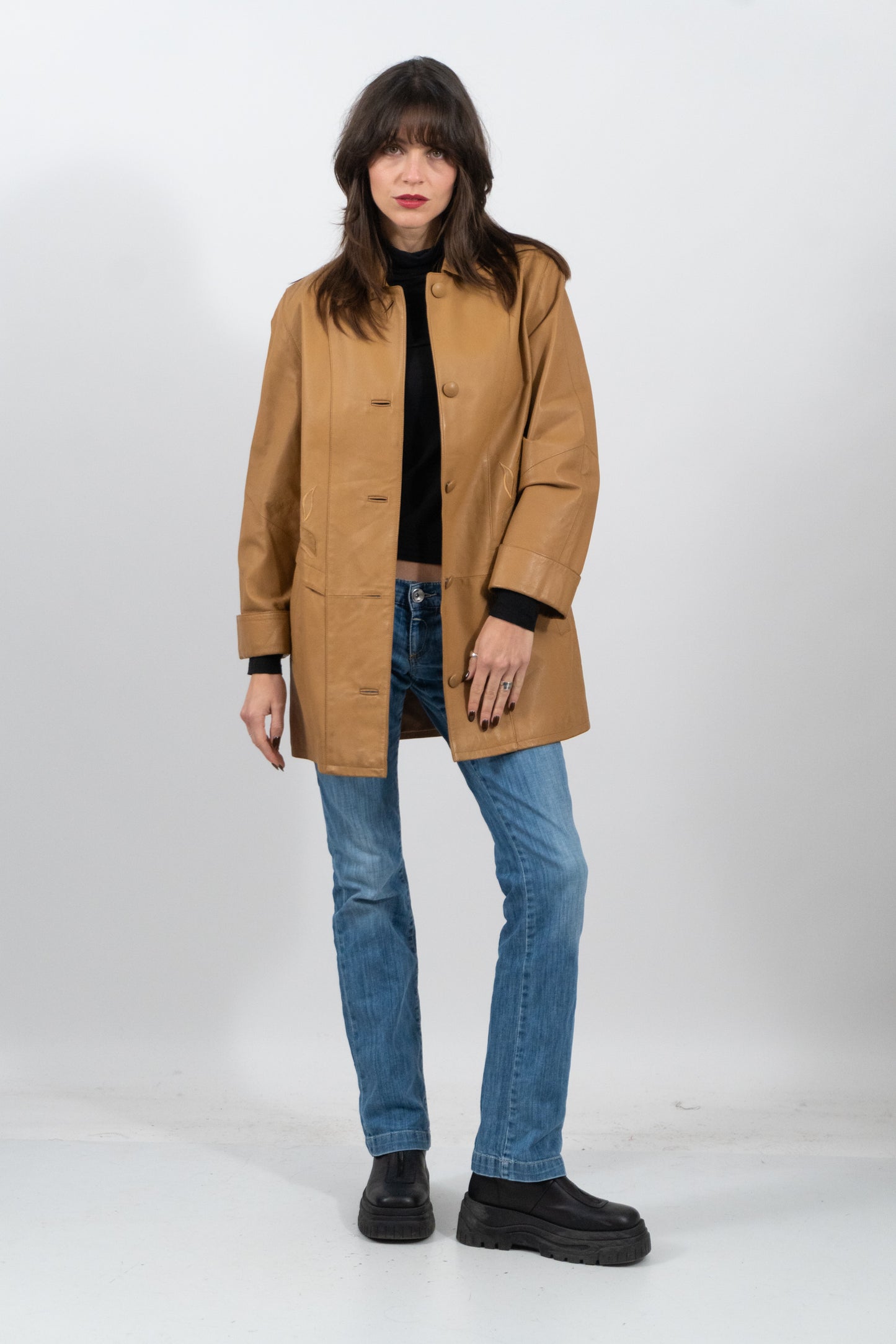 Lange Karamell Lederjacke Mit Stick-Detail