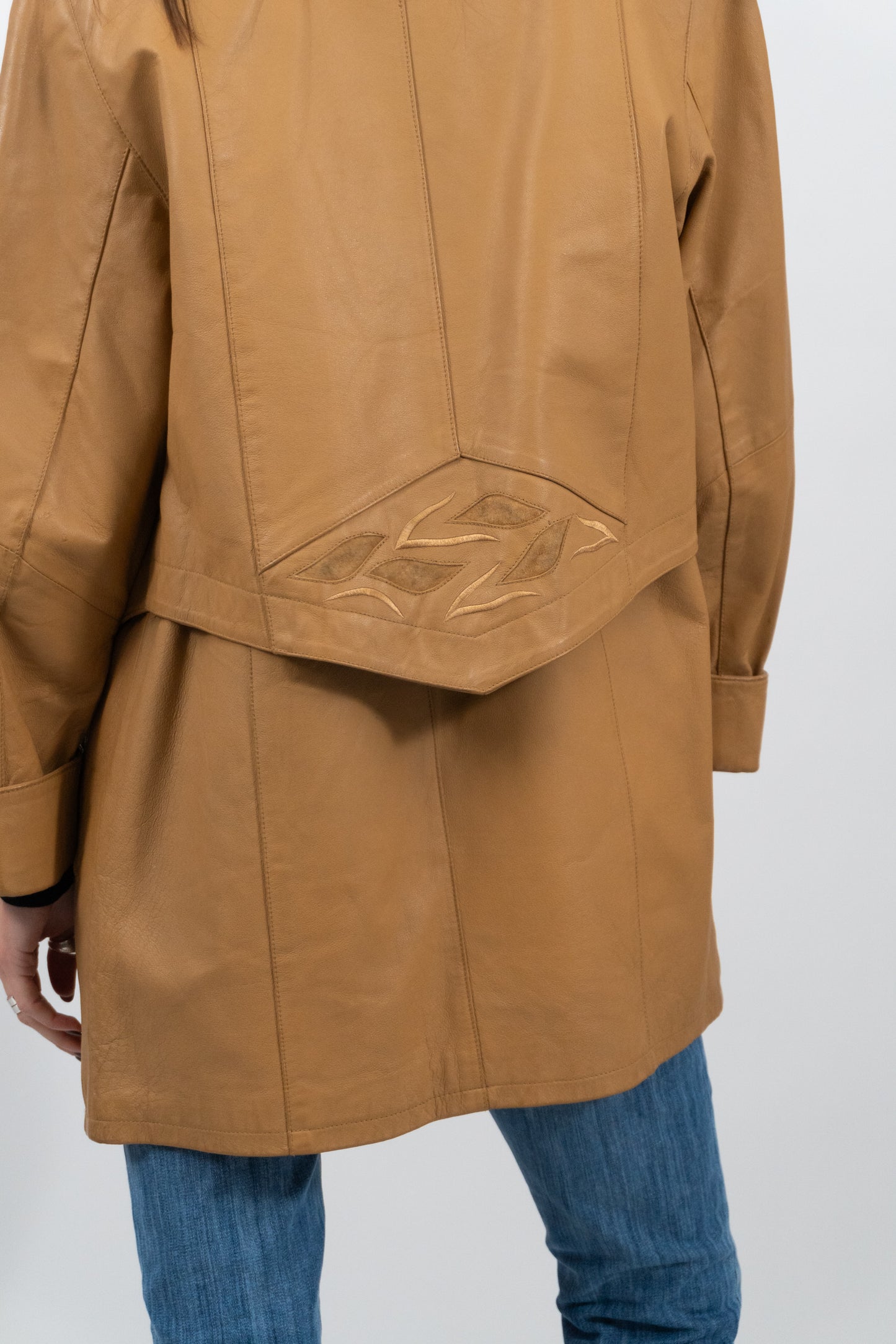 Lange Karamell Lederjacke Mit Stick-Detail