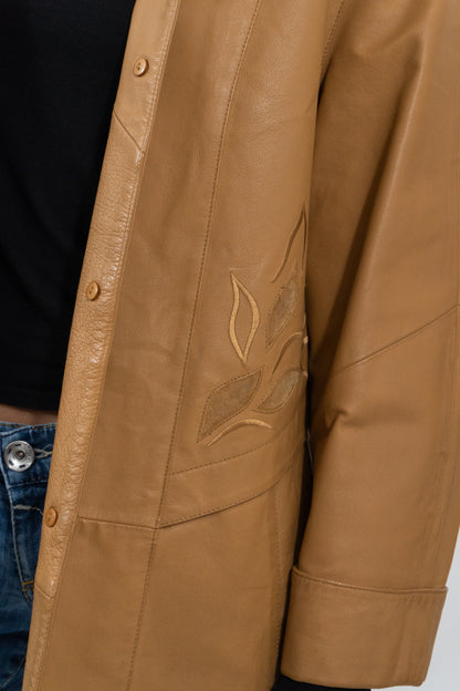 Lange Karamell Lederjacke Mit Stick-Detail